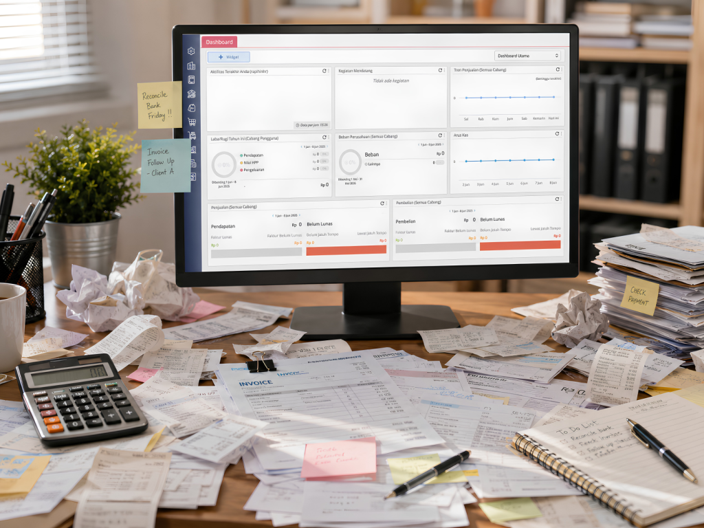 Ilustrasi tumpukan invoice dan bukti transaksi yang belum diinput ke software Accurate