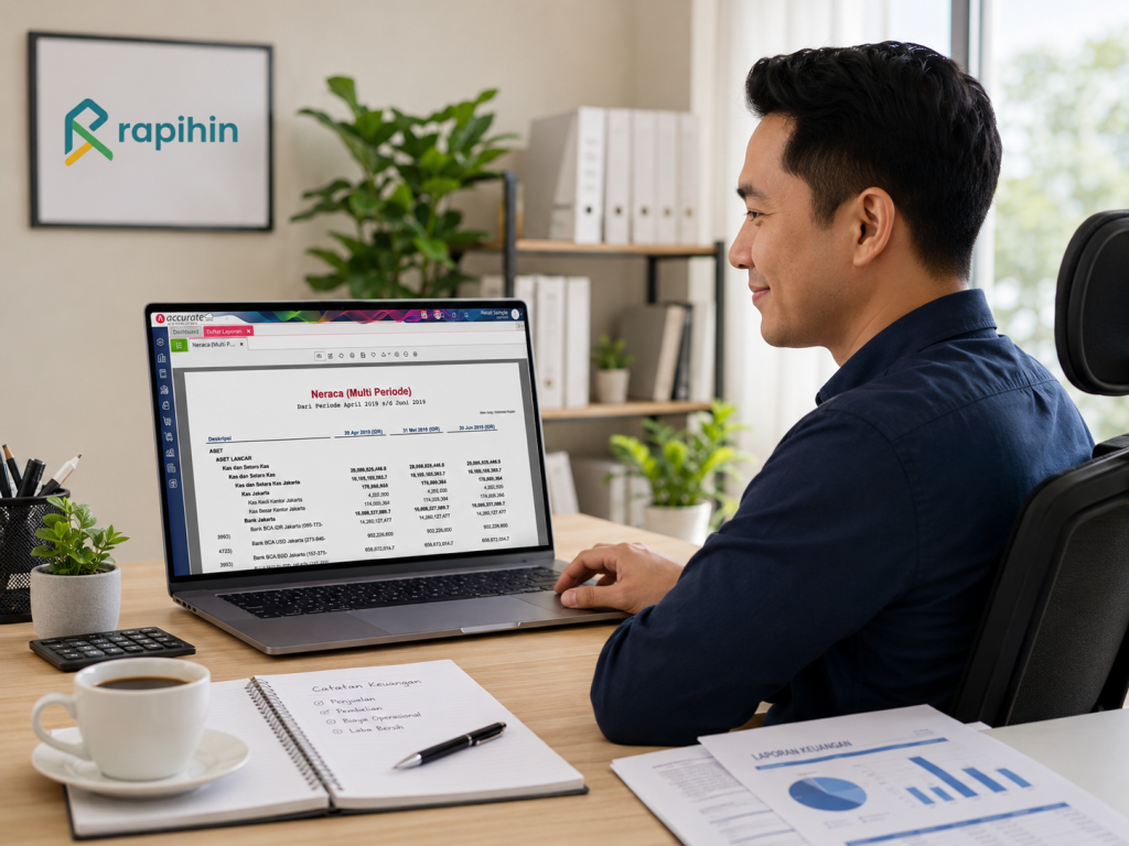Owner bisnis UMKM membaca laporan keuangan Accurate yang sudah rapi berkat layanan RAE Rapihin.id