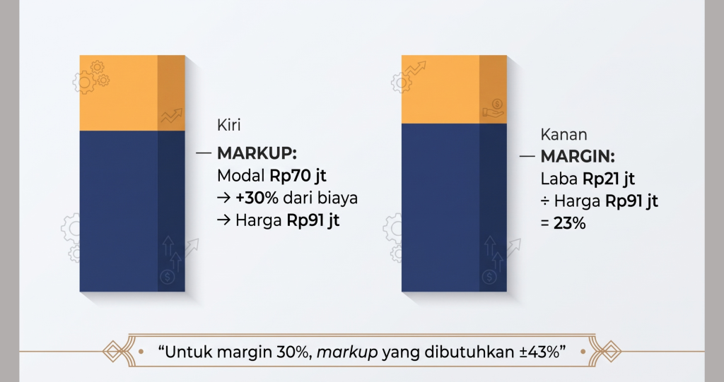 Perbandingan markup 30% dan margin 23% dari modal Rp70 juta dan harga jual Rp91 juta