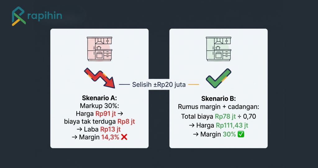 Perbandingan harga kitchen set Rp91 juta dengan margin 14,3% dan Rp111,43 juta dengan margin 30%