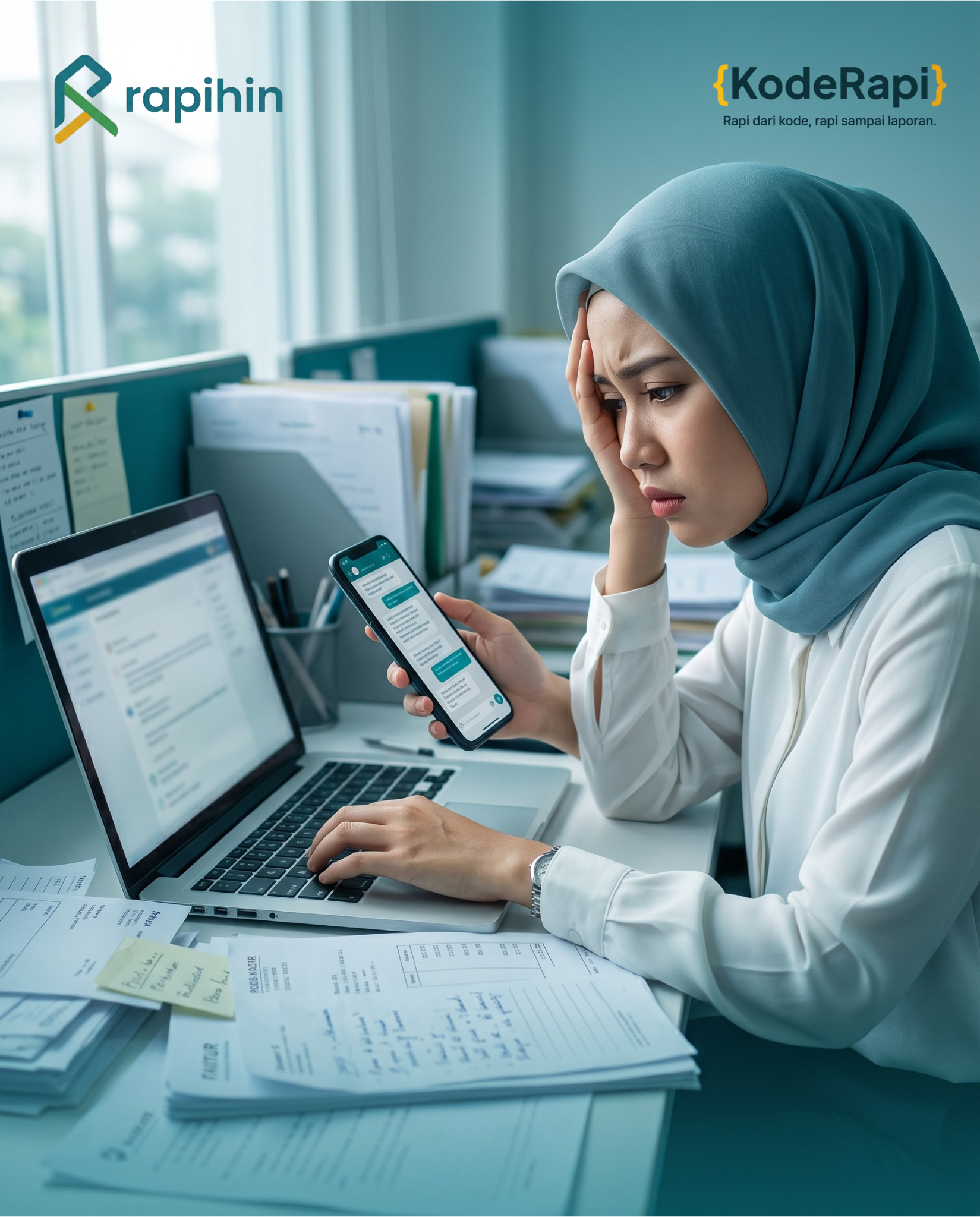 Admin keuangan mengetik ulang order dari chat WhatsApp ke Accurate di komputer kantor