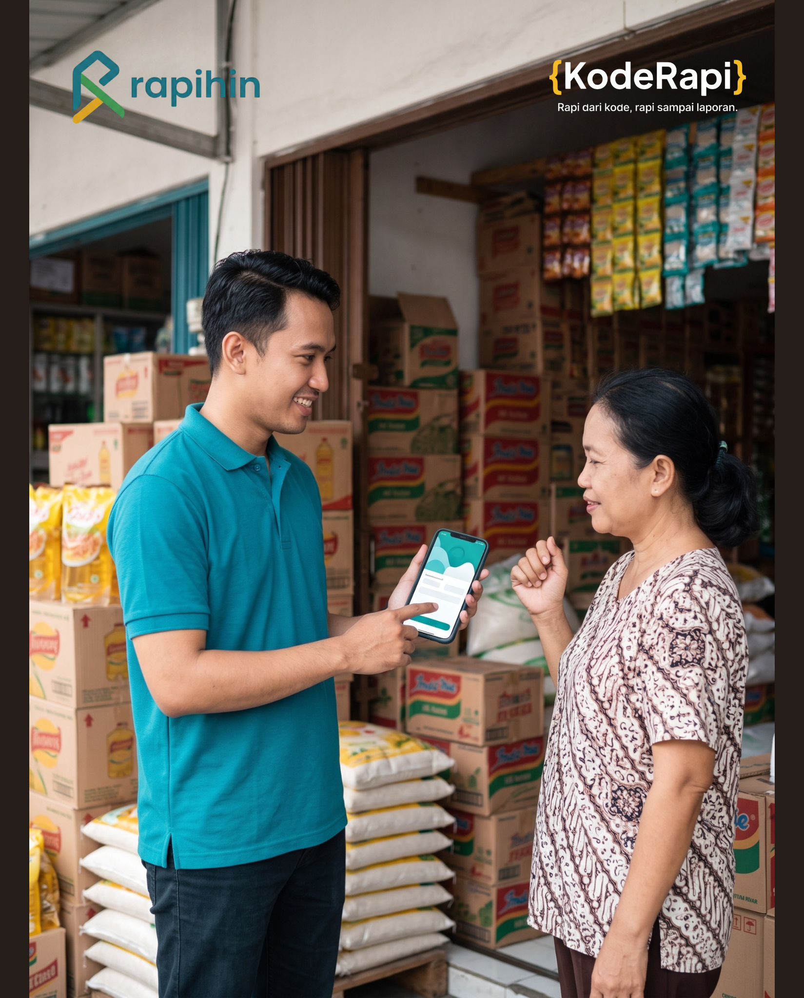 Salesman mengambil order dari pemilik toko kelontong menggunakan aplikasi di HP