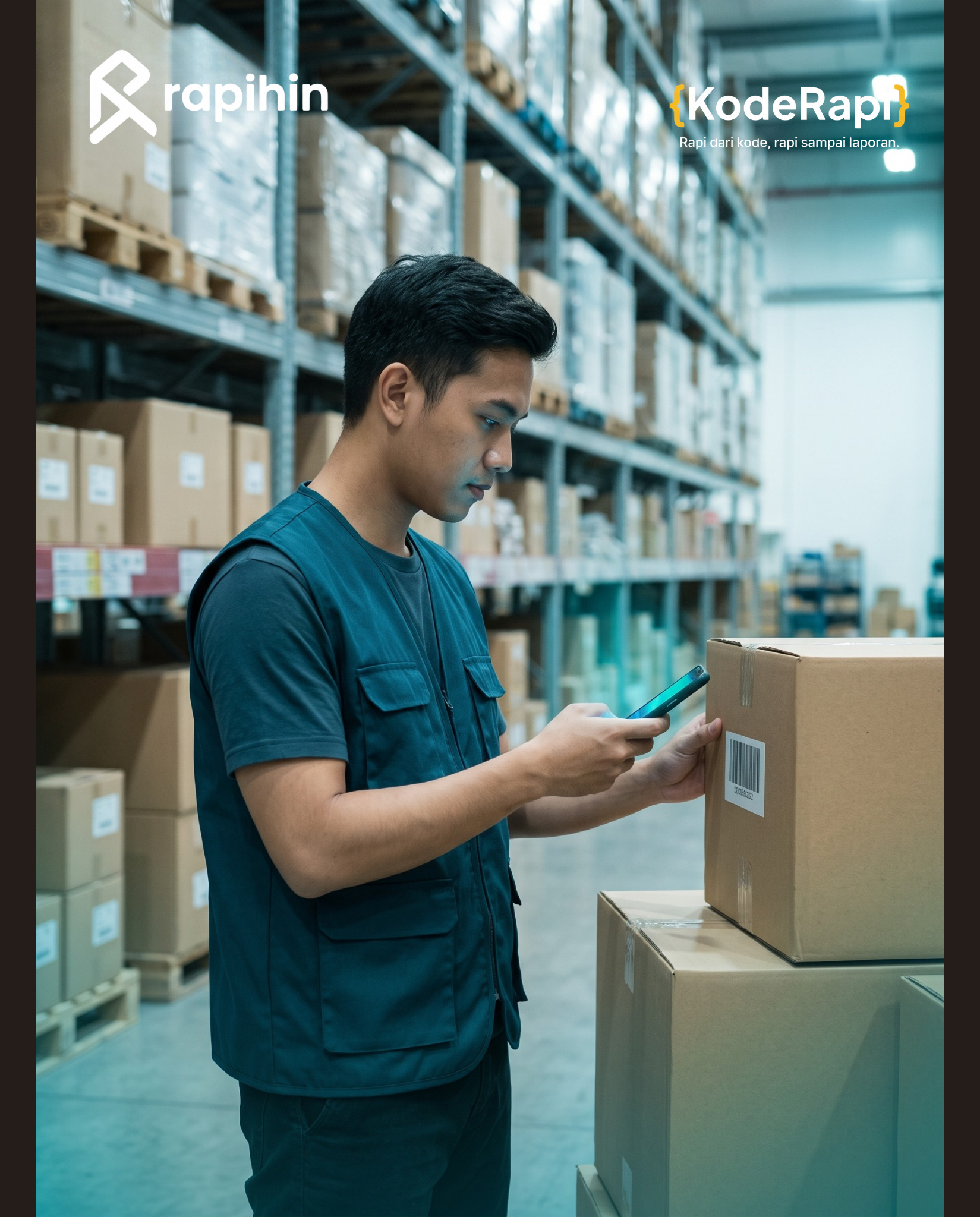 Staf gudang memindai barcode karton dengan HP untuk stock opname