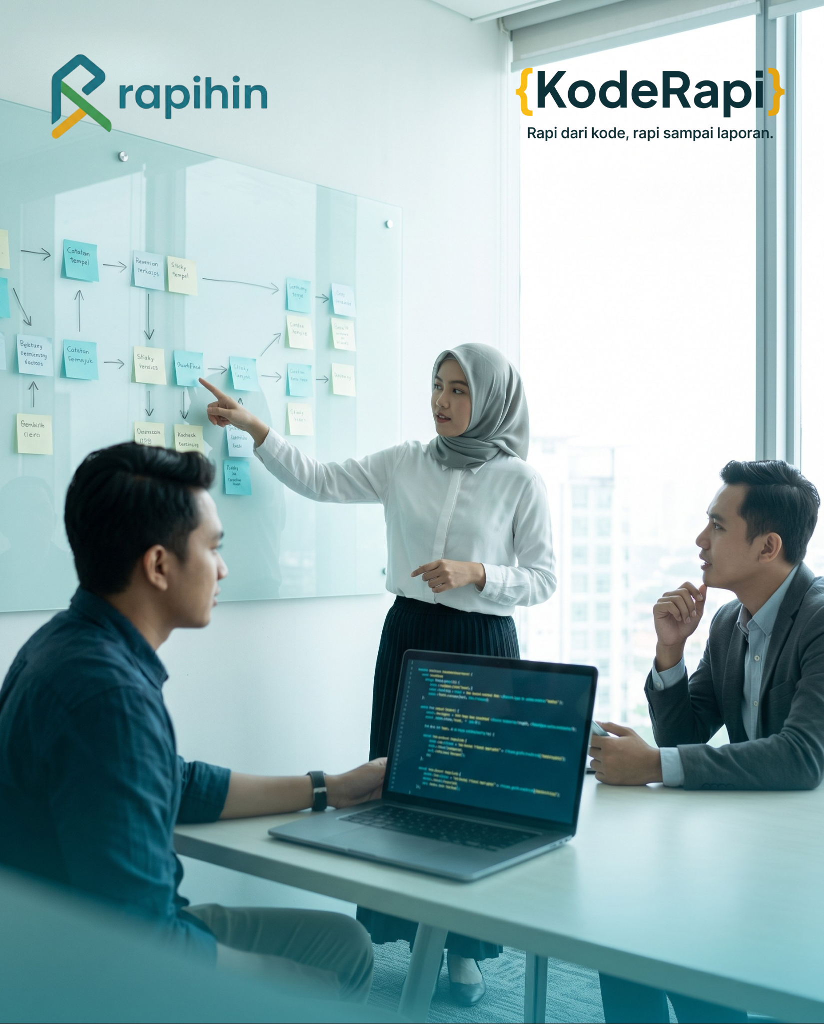 Konsultan Accurate dan developer Rapihin memetakan alur kerja klien di papan tulis