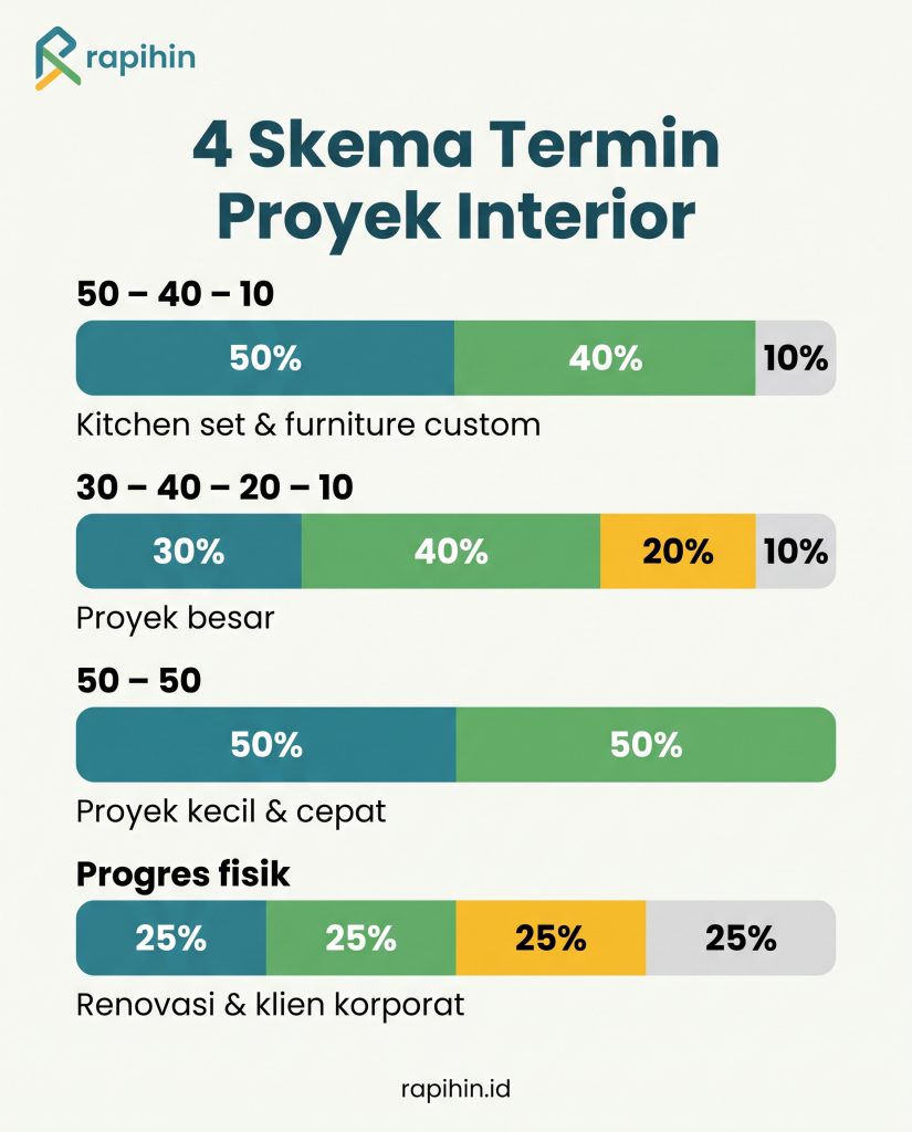Empat skema termin proyek interior: 50-40-10, 30-40-20-10, 50-50, dan progres fisik