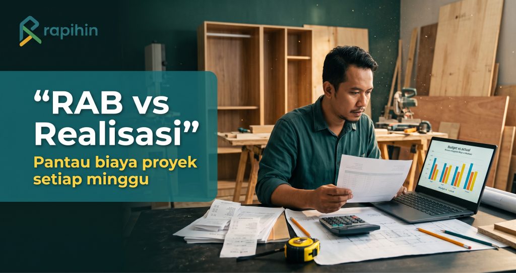Kontraktor interior membandingkan RAB dan realisasi biaya proyek di workshop