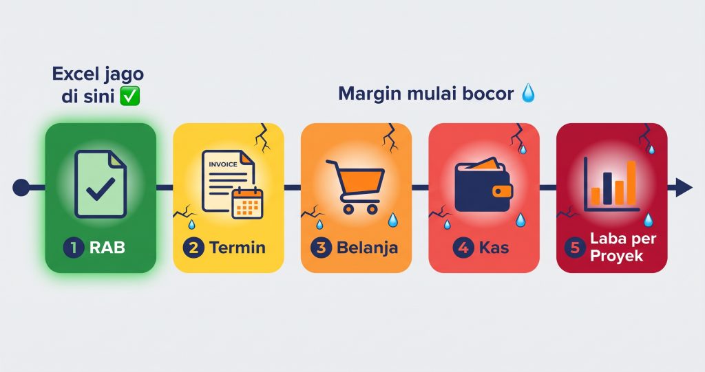 Lima tahap kerja kontraktor interior, Excel kuat di tahap RAB namun lemah di tahap termin, belanja, kas, dan laba per proyek