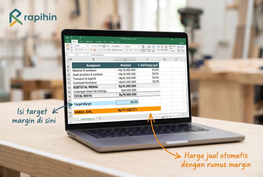 Contoh rekap RAB kitchen set di Excel dengan total biaya Rp78 juta dan harga jual Rp111,43 juta untuk margin 30%